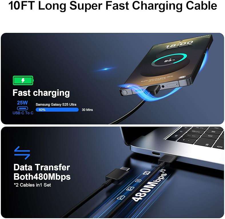 Super Fast Charger Type C, 25W USB C Wall Charger Fast Charging for Samsung Galaxy S26 Ultra/S26/S26+/S25 Ultra/S25/24 Ultra/S24/S23 Ultra/S22 Ultra with 10FT Long Android Type C Charger Cable 2Pack - Image 5