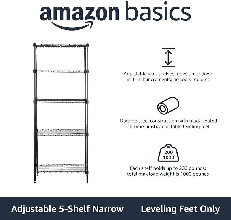 Amazon Basics 5-Shelf Multipurpose Adjustable Steel Garage Shelving Unit, Storage Rack for Kitchen, 200 lbs Per Shelf, Easy Assembly, 13.4"D x 23.2"W x 60"H, Black - Image 4