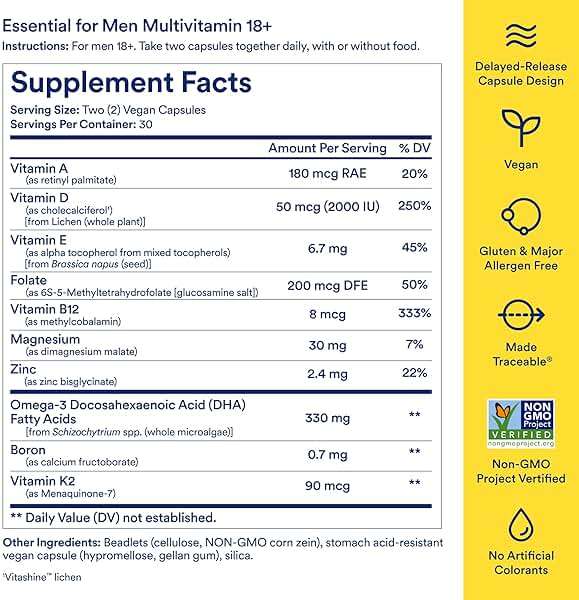 Ritual Men’s 18+ Daily Multivitamin - Key Essential Vitamins and Minerals to Support Energy, Muscle, Heart, Brain Health* - Including Zinc, D3, B12, A, K2 - Vegan - Mint - 60 Capsules - 30 Servings - Image 3