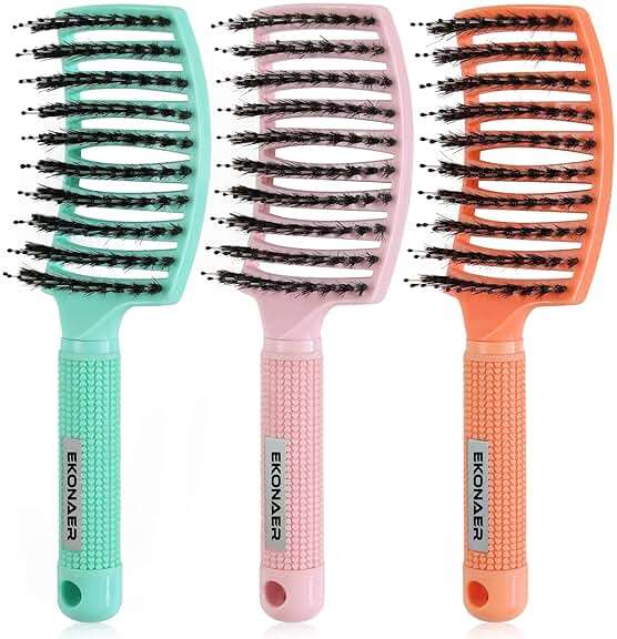 EKONAER 3 Pack Vented Quick Drying Massage Blow Detangler Brush,Boar Bristle Hair Brush Set-Curved,Detangling Hair Brush for Women Long,Thick, Thin, Curly(Green) - Image 1