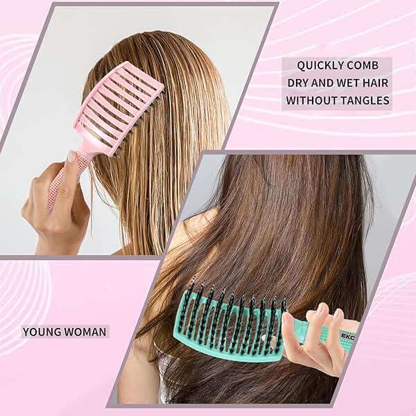 EKONAER 3 Pack Vented Quick Drying Massage Blow Detangler Brush,Boar Bristle Hair Brush Set-Curved,Detangling Hair Brush for Women Long,Thick, Thin, Curly(Green) - Image 3