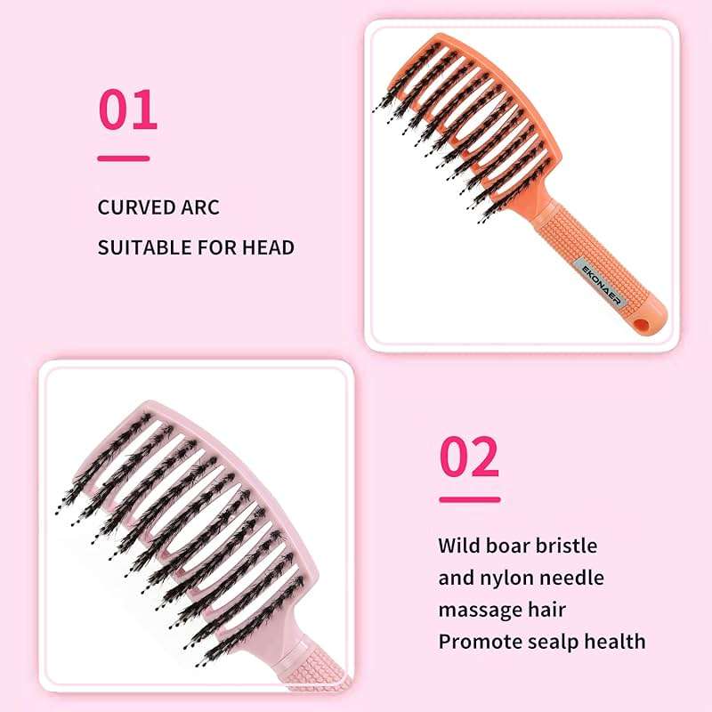 EKONAER 3 Pack Vented Quick Drying Massage Blow Detangler Brush,Boar Bristle Hair Brush Set-Curved,Detangling Hair Brush for Women Long,Thick, Thin, Curly(Green) - Image 5