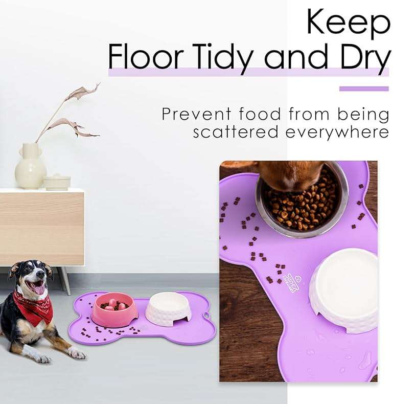 Super Design Dog Food Mat Dog Bowl Mat for Food and Water Silicone Non Spill Cat Feeding Mat Puppy Placemat Waterproof - 20.5" x 14.5", Purple - Image 2