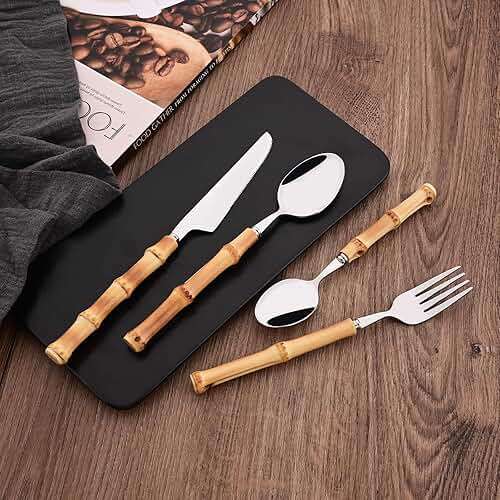 Uniturcky Bamboo Handle Silverware Set, 24-Piece Flatware Set for 6, Stainless Steel Cutlery Eating Utensils Include Forks Spoons and Knives for Daily Use and Party, Reusable and Modern Design - Image 2