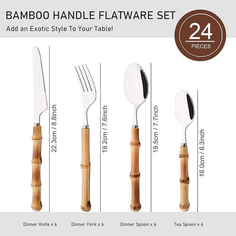 Uniturcky Bamboo Handle Silverware Set, 24-Piece Flatware Set for 6, Stainless Steel Cutlery Eating Utensils Include Forks Spoons and Knives for Daily Use and Party, Reusable and Modern Design - Image 3