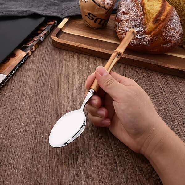 Uniturcky Bamboo Handle Silverware Set, 24-Piece Flatware Set for 6, Stainless Steel Cutlery Eating Utensils Include Forks Spoons and Knives for Daily Use and Party, Reusable and Modern Design - Image 5