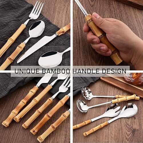 Uniturcky Bamboo Handle Silverware Set, 24-Piece Flatware Set for 6, Stainless Steel Cutlery Eating Utensils Include Forks Spoons and Knives for Daily Use and Party, Reusable and Modern Design - Image 6