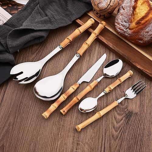 Uniturcky Bamboo Handle Silverware Set, 24-Piece Flatware Set for 6, Stainless Steel Cutlery Eating Utensils Include Forks Spoons and Knives for Daily Use and Party, Reusable and Modern Design - Image 7