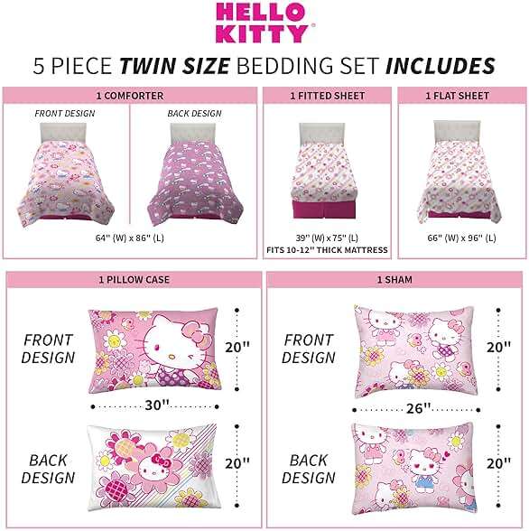 Franco Kids Bedding Super Soft Comforter and Sheet Set with Sham, 5 Piece Twin Size, Hello Kitty - Image 3