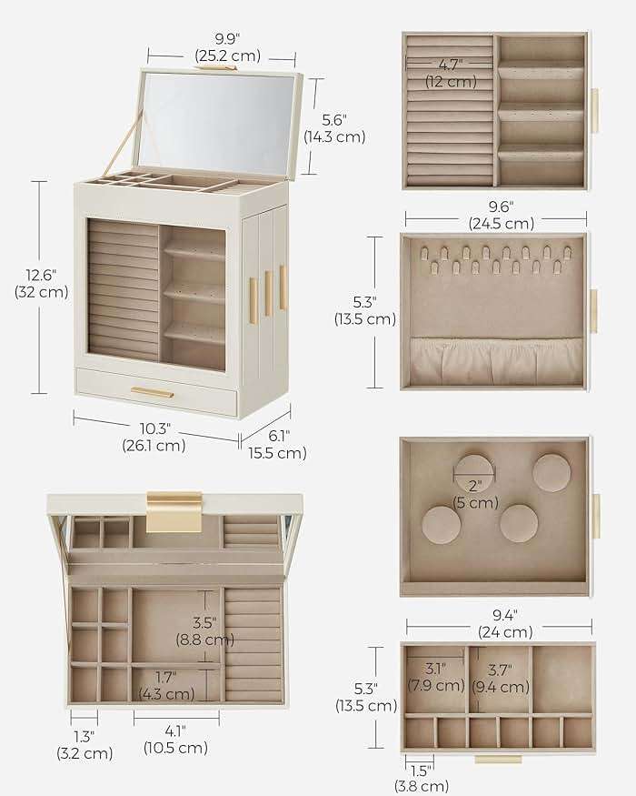 SONGMICS GISELLA Collection - Jewelry Box with Glass Window, 5-Layer Jewelry Organizer with 3 Drawers, Big Mirror, Modern, 6.1 x 10.3 x 12.6 Inches, Cloud White and Metallic Gold UJBC162W01 - Image 3