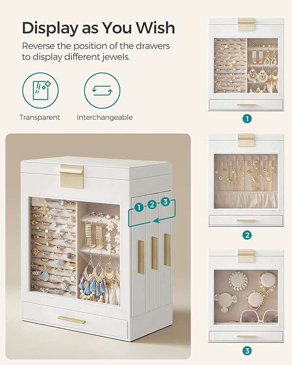 SONGMICS GISELLA Collection - Jewelry Box with Glass Window, 5-Layer Jewelry Organizer with 3 Drawers, Big Mirror, Modern, 6.1 x 10.3 x 12.6 Inches, Cloud White and Metallic Gold UJBC162W01 - Image 4