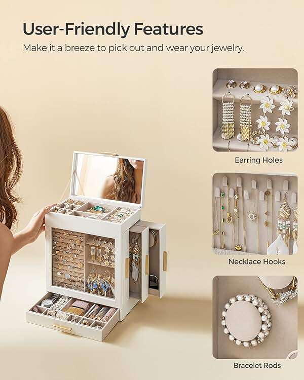 SONGMICS GISELLA Collection - Jewelry Box with Glass Window, 5-Layer Jewelry Organizer with 3 Drawers, Big Mirror, Modern, 6.1 x 10.3 x 12.6 Inches, Cloud White and Metallic Gold UJBC162W01 - Image 6