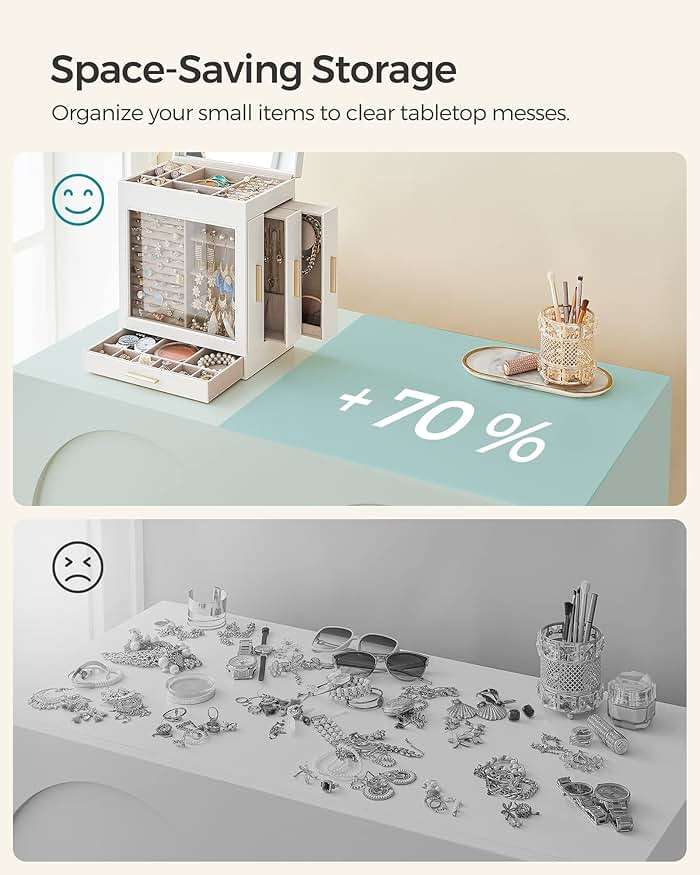 SONGMICS GISELLA Collection - Jewelry Box with Glass Window, 5-Layer Jewelry Organizer with 3 Drawers, Big Mirror, Modern, 6.1 x 10.3 x 12.6 Inches, Cloud White and Metallic Gold UJBC162W01 - Image 7
