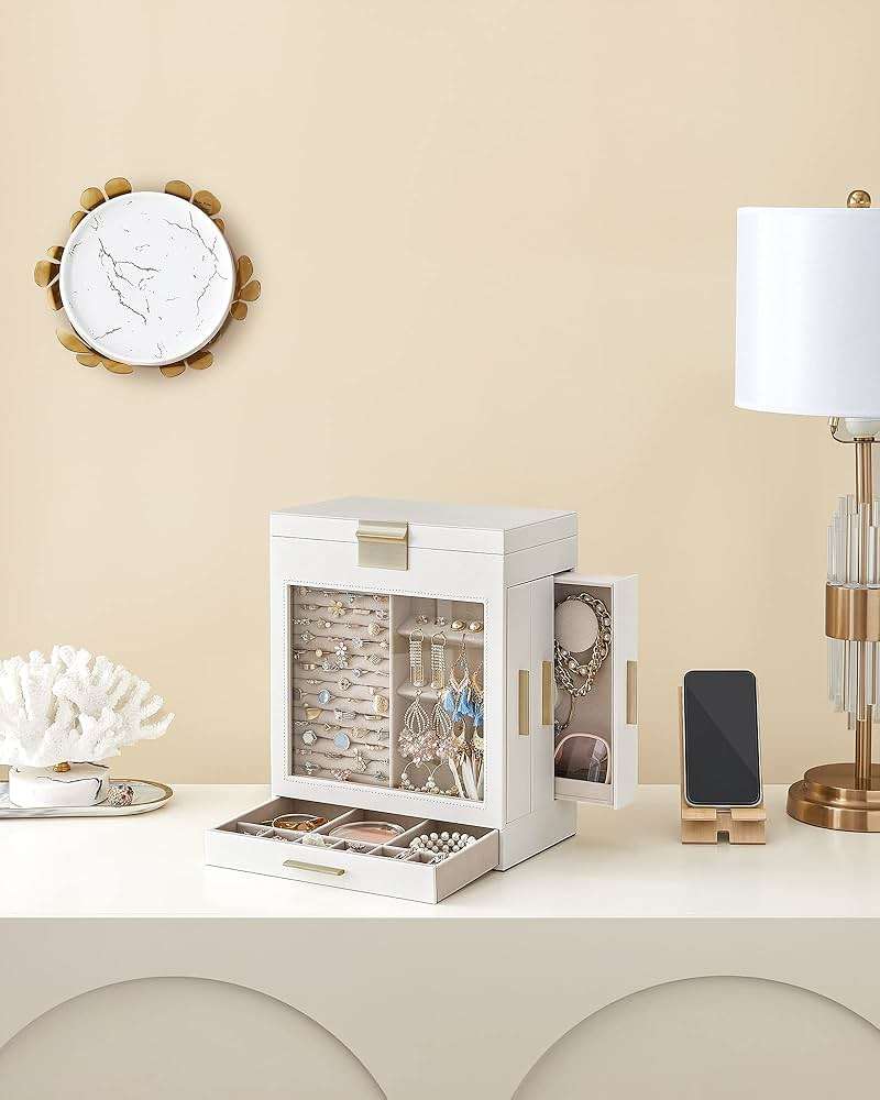 SONGMICS GISELLA Collection - Jewelry Box with Glass Window, 5-Layer Jewelry Organizer with 3 Drawers, Big Mirror, Modern, 6.1 x 10.3 x 12.6 Inches, Cloud White and Metallic Gold UJBC162W01 - Image 8
