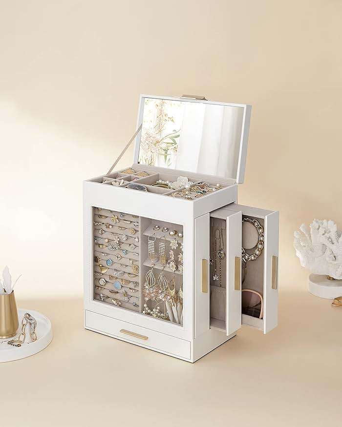SONGMICS GISELLA Collection - Jewelry Box with Glass Window, 5-Layer Jewelry Organizer with 3 Drawers, Big Mirror, Modern, 6.1 x 10.3 x 12.6 Inches, Cloud White and Metallic Gold UJBC162W01 - Image 9