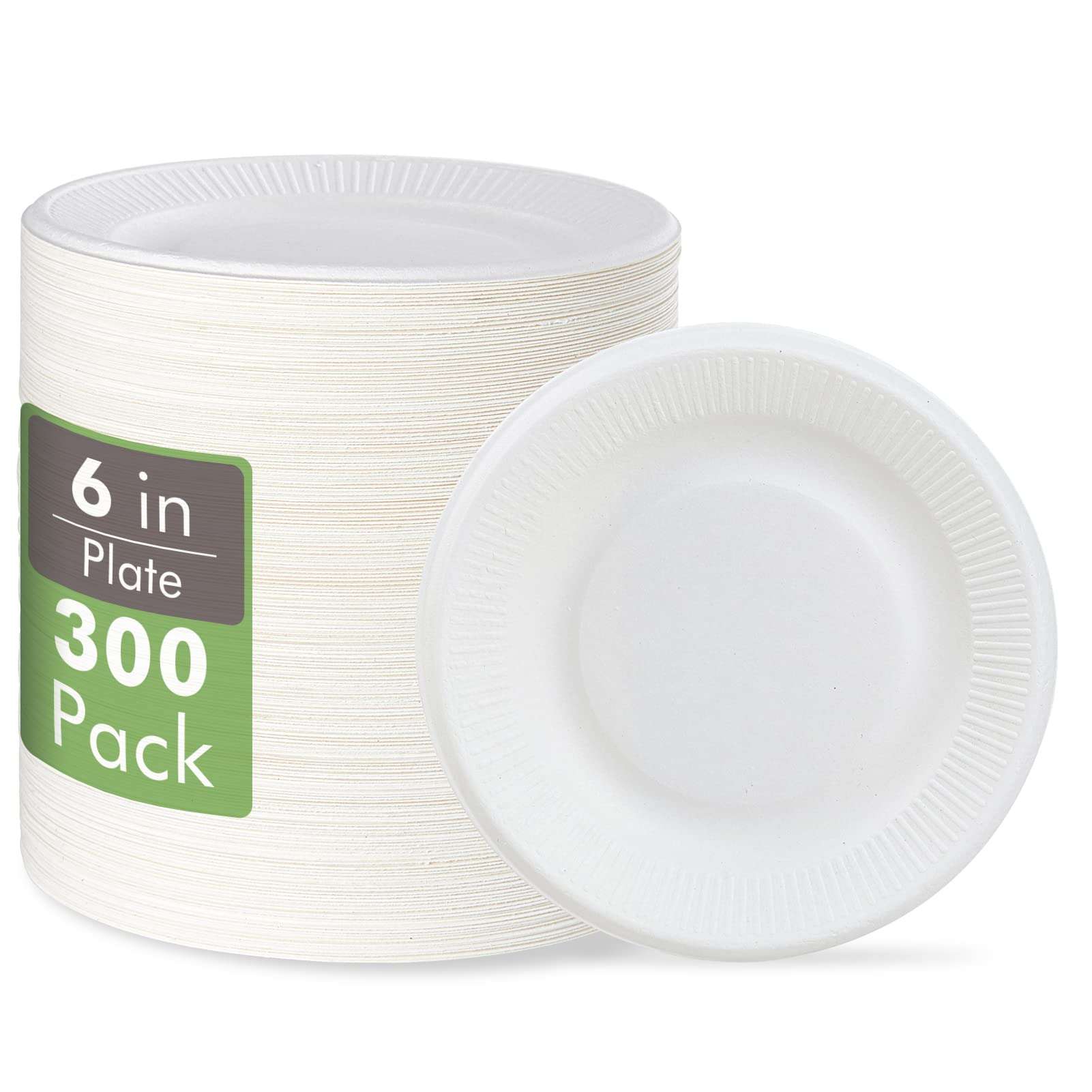 Vplus 100% Compostable Small Paper Plates, 300 Pack 6 Inch Disposable Paper Plates, Uncoated Biodegradable, Made of Sugar Cane Fibers, Perfect for Sandwich, Cake, and Snack - Image 1