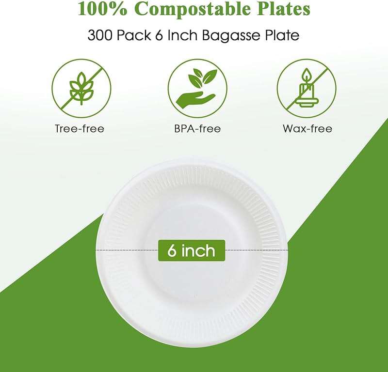 Vplus 100% Compostable Small Paper Plates, 300 Pack 6 Inch Disposable Paper Plates, Uncoated Biodegradable, Made of Sugar Cane Fibers, Perfect for Sandwich, Cake, and Snack - Image 3