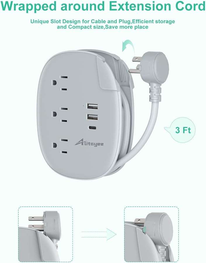 Alitayee USB C Portable Travel Power Strip with 3 Outlets 3 USB Ports Fast Charge, USB Extendable Outlet Extender with Flat Plug and 3ft Wrapped Around Extension Cord for Cruise Travel Home Office - Image 4