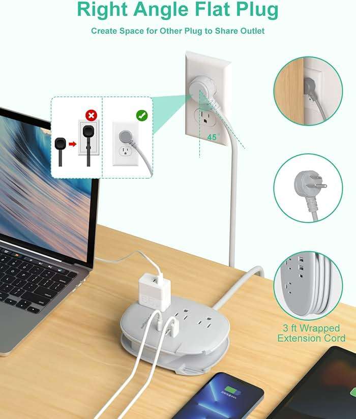 Alitayee USB C Portable Travel Power Strip with 3 Outlets 3 USB Ports Fast Charge, USB Extendable Outlet Extender with Flat Plug and 3ft Wrapped Around Extension Cord for Cruise Travel Home Office - Image 5