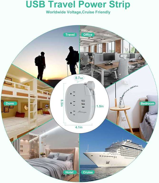 Alitayee USB C Portable Travel Power Strip with 3 Outlets 3 USB Ports Fast Charge, USB Extendable Outlet Extender with Flat Plug and 3ft Wrapped Around Extension Cord for Cruise Travel Home Office - Image 7