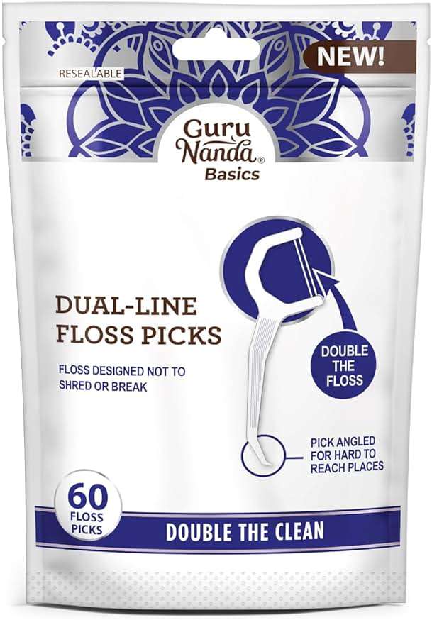 GuruNanda Dual Slickers Floss Picks - Double Threaded Dyneema Dental Floss with Foldable Toothpick for Effective Plaque Removal - Unflavored- 60 Ct - Image 1