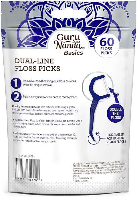 GuruNanda Dual Slickers Floss Picks - Double Threaded Dyneema Dental Floss with Foldable Toothpick for Effective Plaque Removal - Unflavored- 60 Ct - Image 7