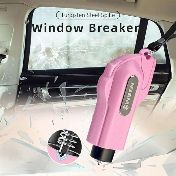 SINSEN Car Safety Hammer, 2-Pack Window Glass Breaker & Seatbelt Cutter, Emergency Keychain, Automotive Escape Kit and Survival Tool for Land/Underwater, Pink & White - Image 2