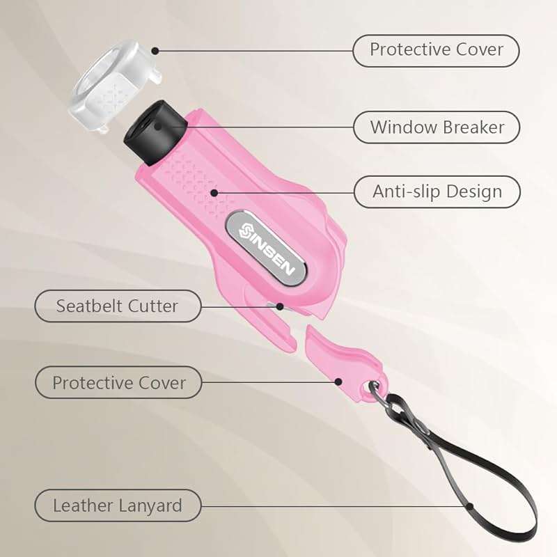 SINSEN Car Safety Hammer, 2-Pack Window Glass Breaker & Seatbelt Cutter, Emergency Keychain, Automotive Escape Kit and Survival Tool for Land/Underwater, Pink & White - Image 7