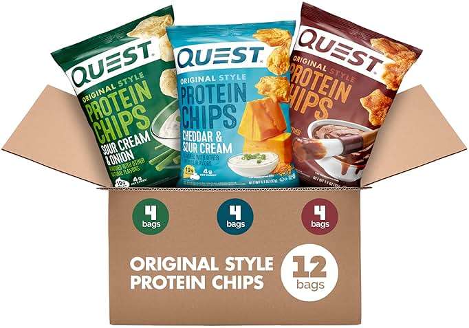 Quest Nutrition Protein Chips Variety Pack, BBQ, Cheddar & Sour Cream, Sour Cream & Onion, High Protein, Low Carb, 1.1 oz (Pack of 12) - Image 1