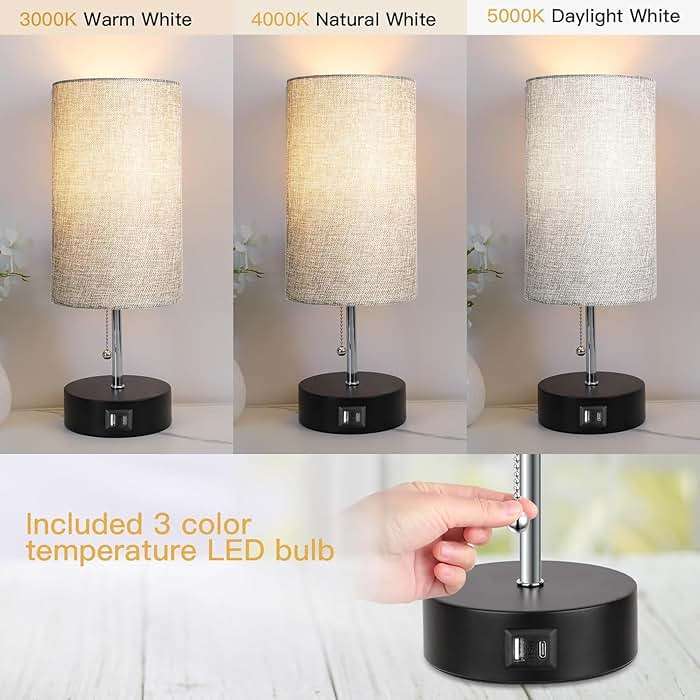 ROTTOGOON 3-Color Temperature Bedside Lamp Nightstand Lamp with USB A Port and C Port, Table Lamp for Bedroom with LED Bulb Small Lamps for Living Room (Gray) - Image 3