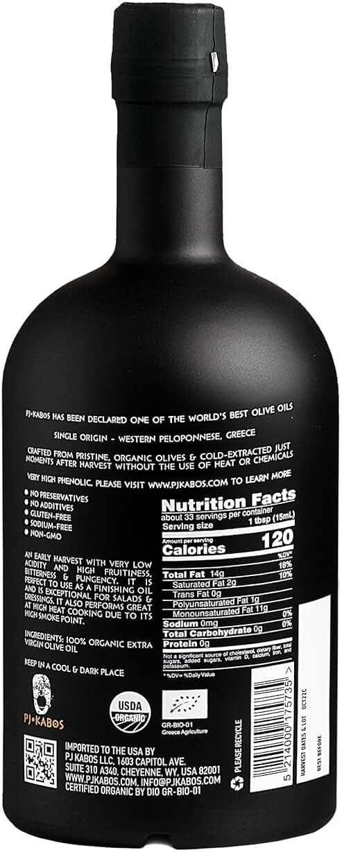 PJ KABOS Very High Phenolic (699 mg/kg), USDA Organic Greek Extra Virgin Olive Oil, Kosher, Greece, Cold Extracted, 16.9oz Bottle, Family Reserve Organic - Robust - Image 3