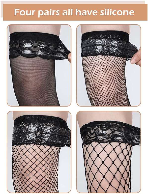 Bencailor 4/6/12 Pairs Fishnet Thigh High Stocking for Women Silicone Lace Top Sheer Over Knee Stockings - Image 5