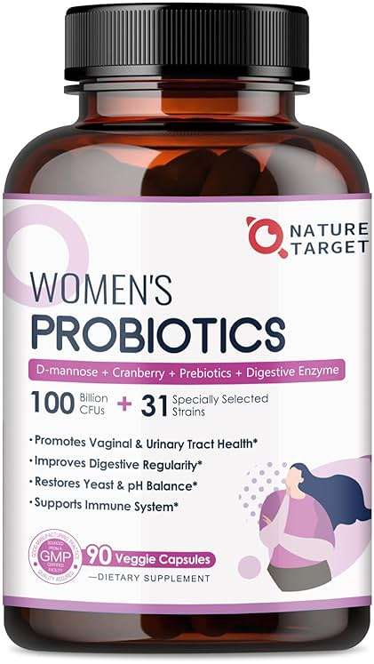 NATURE TARGET Probiotics for Women, 100 Billion CFUs Probiotic with Digestive Enzymes & Prebiotics, Vaginal Probiotics with Cranberry for Urinary Tract Health, pH Balance, 90 Veggie Capsules - Image 1