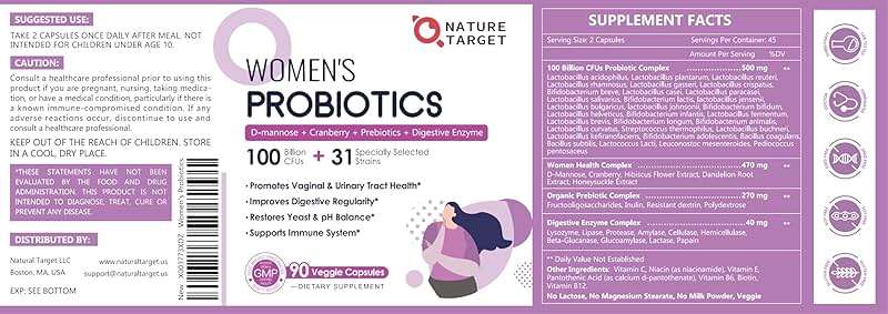 NATURE TARGET Probiotics for Women, 100 Billion CFUs Probiotic with Digestive Enzymes & Prebiotics, Vaginal Probiotics with Cranberry for Urinary Tract Health, pH Balance, 90 Veggie Capsules - Image 8