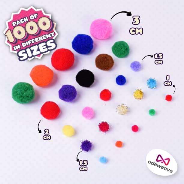 Adeweave 1000 Assorted Pom poms – Soft and Fluffy Craft Pom Pom Balls – Multicolor Craft Supplies Pompoms for Arts and Crafts in a Reusable Box, Large Puff Ball Ideal for DIY and School Activities - Image 2