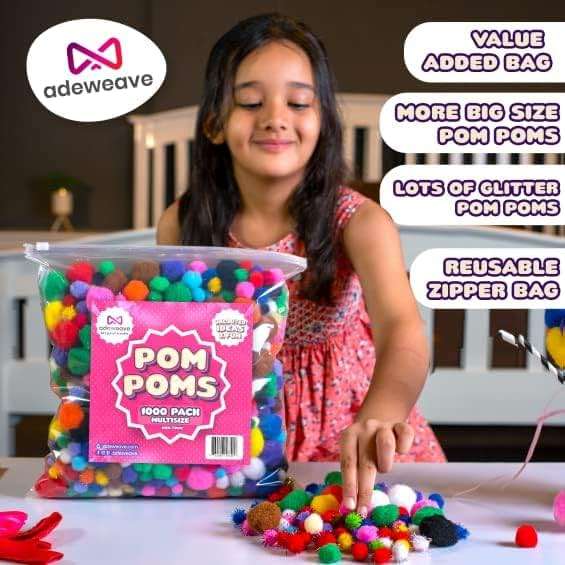 Adeweave 1000 Assorted Pom poms – Soft and Fluffy Craft Pom Pom Balls – Multicolor Craft Supplies Pompoms for Arts and Crafts in a Reusable Box, Large Puff Ball Ideal for DIY and School Activities - Image 4
