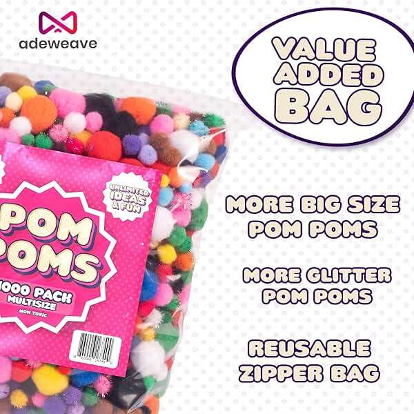 Adeweave 1000 Assorted Pom poms – Soft and Fluffy Craft Pom Pom Balls – Multicolor Craft Supplies Pompoms for Arts and Crafts in a Reusable Box, Large Puff Ball Ideal for DIY and School Activities - Image 6