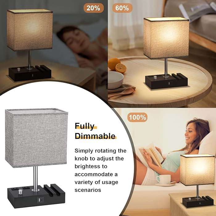 Kakanuo Fully Dimmable Nightstand Lamp for Bedroom with USB C Ports, Grey Small Bedside Table Lamp with Charging Outlets and Phone Stands, Wooden Desk Lamp for Living Room, LED Bulb Included - Image 2