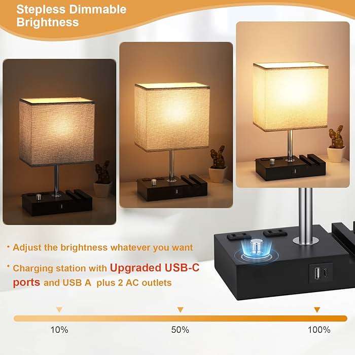 Kakanuo Fully Dimmable Nightstand Lamp for Bedroom with USB C Ports, Grey Small Bedside Table Lamp with Charging Outlets and Phone Stands, Wooden Desk Lamp for Living Room, LED Bulb Included - Image 3