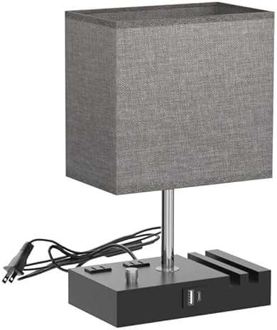Kakanuo Fully Dimmable Nightstand Lamp for Bedroom with USB C Ports, Grey Small Bedside Table Lamp with Charging Outlets and Phone Stands, Wooden Desk Lamp for Living Room, LED Bulb Included - Image 4