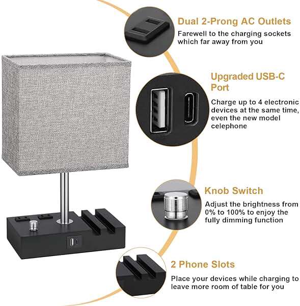 Kakanuo Fully Dimmable Nightstand Lamp for Bedroom with USB C Ports, Grey Small Bedside Table Lamp with Charging Outlets and Phone Stands, Wooden Desk Lamp for Living Room, LED Bulb Included - Image 5