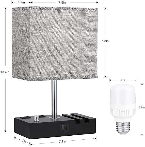 Kakanuo Fully Dimmable Nightstand Lamp for Bedroom with USB C Ports, Grey Small Bedside Table Lamp with Charging Outlets and Phone Stands, Wooden Desk Lamp for Living Room, LED Bulb Included - Image 7