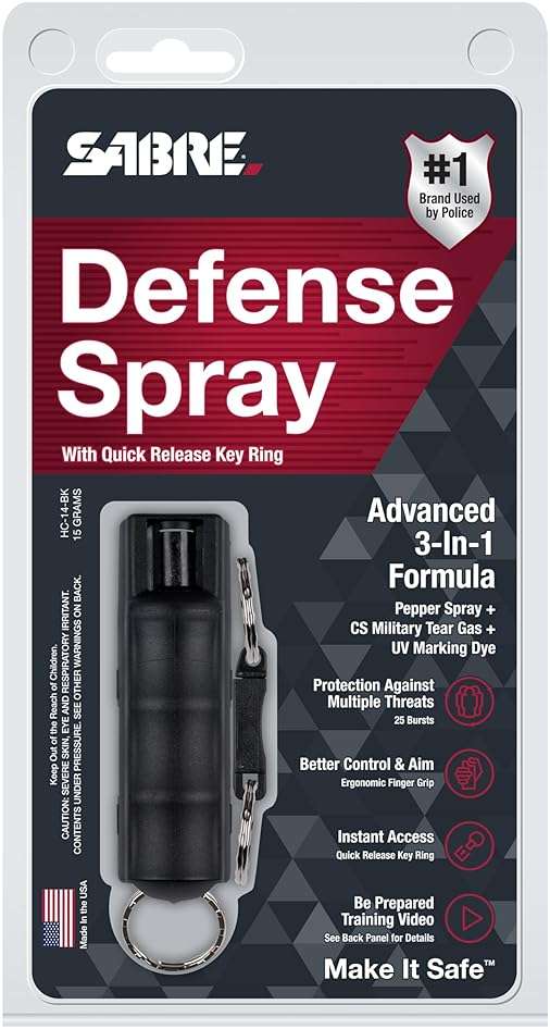 SABRE 3‑in‑1 Defense Pepper Spray with Tear Gas & UV Marking Dye - Twist-Lock Safety, Quick-Release Keychain, Maximum Strength OC for Self Defense, 14-ft Range, 10 Second Spray Time, 0.54 fl oz - Image 8