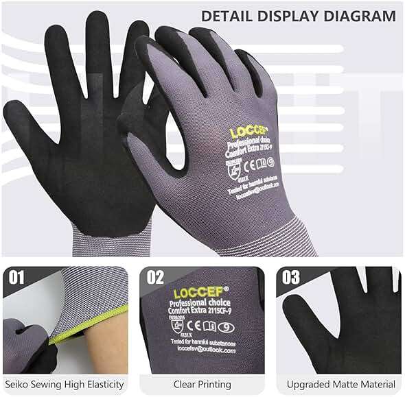 LOCCEF Work Gloves MicroFoam Nitrile Coated-6 Pairs,Seamless Knit Nylon Gloves,Gray Work gloves - Image 2