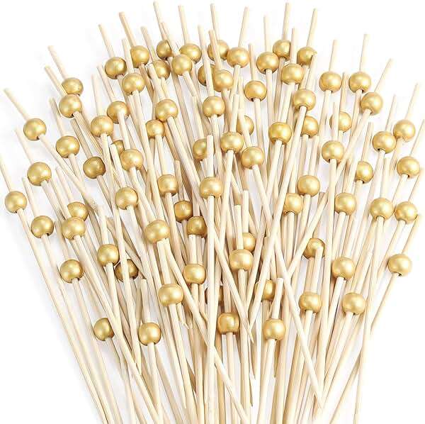 200 Pcs Cocktail Picks, 4.7 Inch Toothpicks for Appetizers, Bamboo Cocktail Sticks Skewers for Drinks, Desserts, Charcuterie, Wedding Party Fancy Toothpicks, Gold Pearl Mini Food Picks Decorative - Image 1