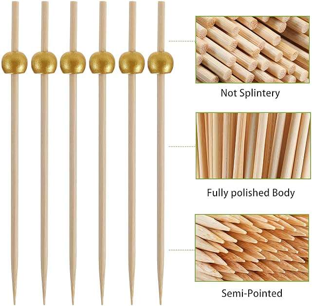 200 Pcs Cocktail Picks, 4.7 Inch Toothpicks for Appetizers, Bamboo Cocktail Sticks Skewers for Drinks, Desserts, Charcuterie, Wedding Party Fancy Toothpicks, Gold Pearl Mini Food Picks Decorative - Image 4