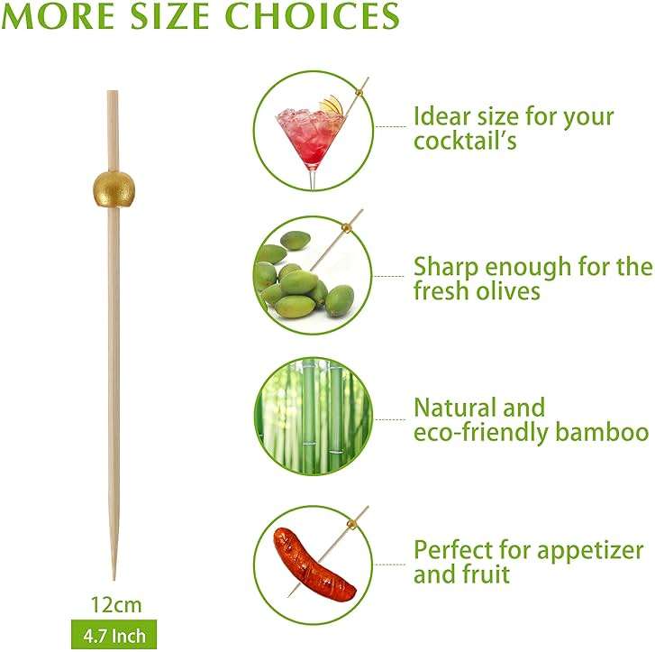 200 Pcs Cocktail Picks, 4.7 Inch Toothpicks for Appetizers, Bamboo Cocktail Sticks Skewers for Drinks, Desserts, Charcuterie, Wedding Party Fancy Toothpicks, Gold Pearl Mini Food Picks Decorative - Image 5