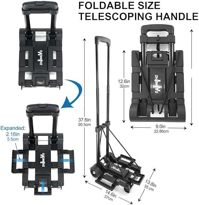 Folding Hand Truck Trolley Dolly, Folding Cart Small Trolley Dolly with Wheels, Lightweight Utility Dolly Trolly Expandable Baseplate Small Backpack Portable Luggage Cart for Airport Travel - Image 2