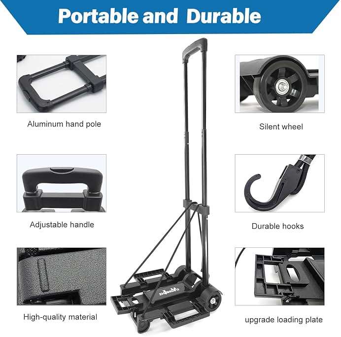 Folding Hand Truck Trolley Dolly, Folding Cart Small Trolley Dolly with Wheels, Lightweight Utility Dolly Trolly Expandable Baseplate Small Backpack Portable Luggage Cart for Airport Travel - Image 4