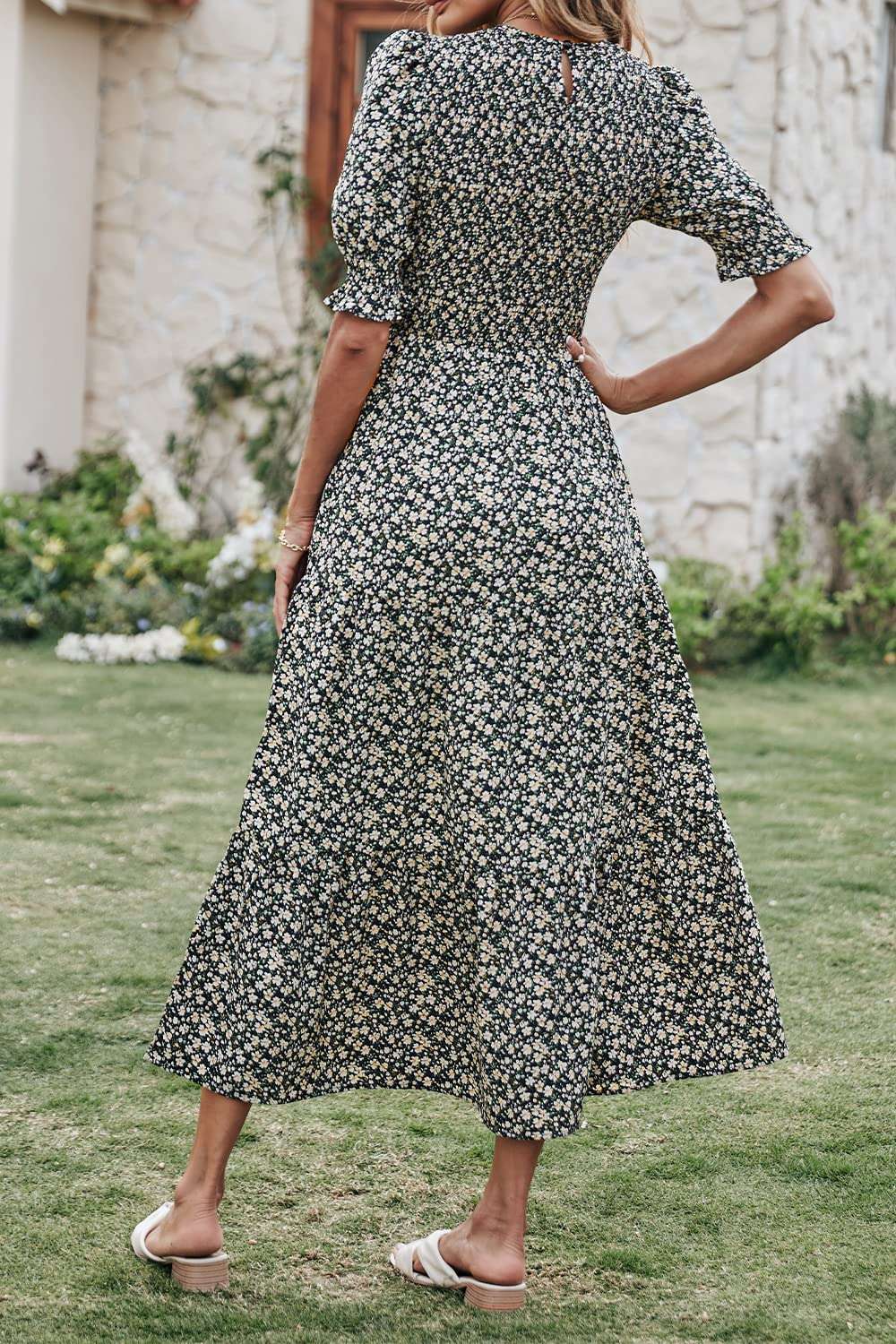 BTFBM Women Casual Summer Dresses 2026 Spring Crew Neck Ruffle Short Sleeve Smocked Floral Boho Flowy Maxi Dress Clothes - Image 4